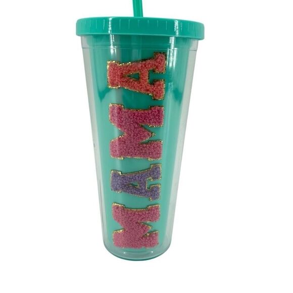 MAMA Tumbler Cup with Straw – 24oz Turquoise Insulated Glitter Letter Mom Gift - Picture 1 of 8